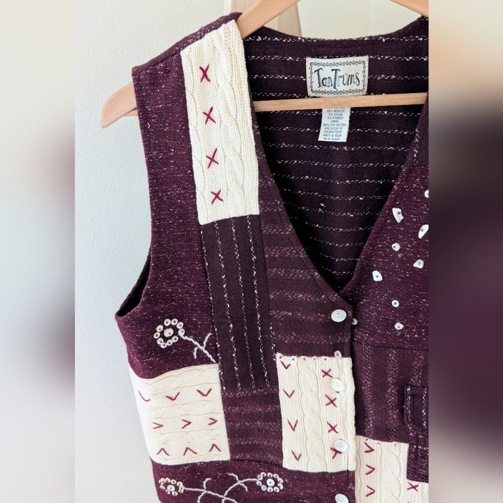 Vintage Embroidered Floral Abstract Wool Blend Sweater Vest in Burgundy/Ivory - Picture 2 of 8